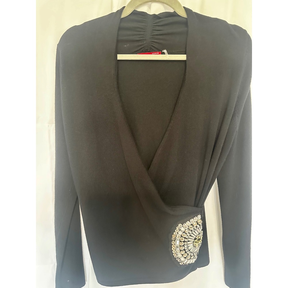 Cyrus Womens Black Wrap Front Embellished Crystal Sequin Knit Top Medium T122MC